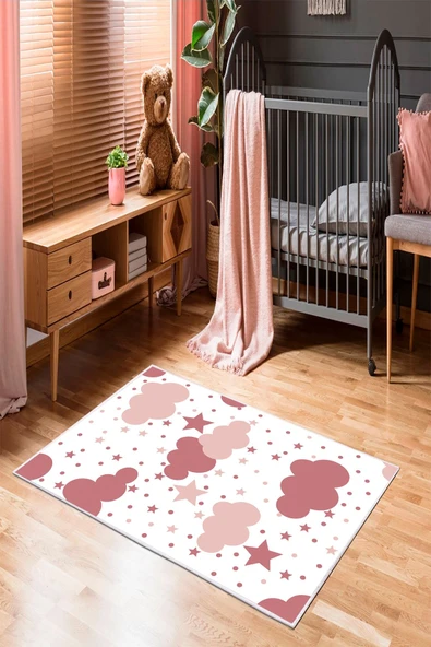 Makinede Yıkanabilir Leke Tutmaz  Beyaz-Pembe Pvc Deri Kaymaz Taban Bulut-Yıldız Çocuk Saçaksız Halı H7071  ÇOKLU 180 x 280