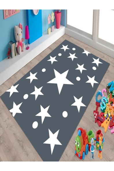 Makinede Yıkanabilir Leke Tutmaz  Proses Mavi Pvc Deri Kaymaz Taban Yıldız Çocuk Saçaksız Halı H7003  ÇOKLU 120 x 180 - 3