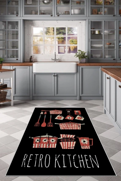 Makinede Yıkanabilir Leke Tutmaz  Siyah Dot Keçe Kaymaz Taban Retro Kıtchen Mutfak Saçaksız Halı LB234  ÇOKLU 100 x 300