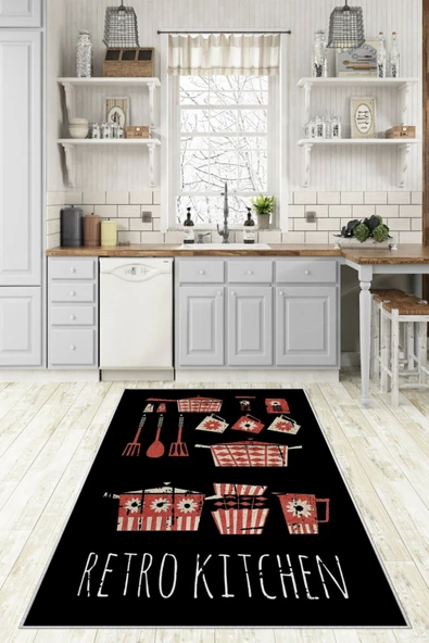 Makinede Yıkanabilir Leke Tutmaz  Siyah Dot Keçe Kaymaz Taban Retro Kıtchen Mutfak Saçaksız Halı LB234  ÇOKLU 100 x 200 - Resim 4