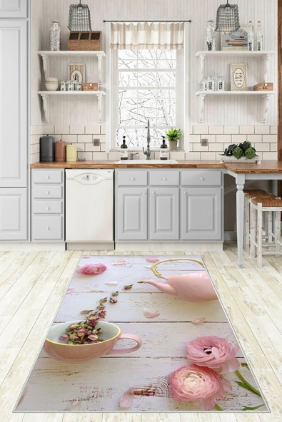 Makinede Yıkanabilir Leke Tutmaz  Pembe Pvc Deri Kaymaz Taban Vintage Mutfak Saçaksız Halı FST0209  ÇOKLU 200 x 300