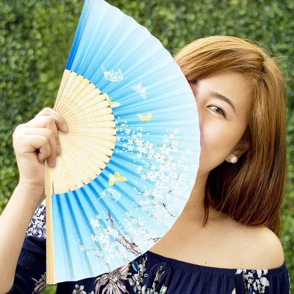 Beluga Yelpaze Bambu Vintage Mavi Kelebekli Bahar Dalı Desenli Şık Püsküllü Japon Yelpaze 0396 - 3