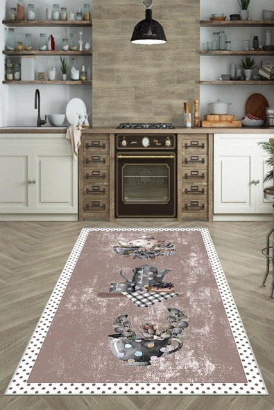 Makinede Yıkanabilir Leke Tutmaz  Pudra Dot Keçe Kaymaz Taban Tasarım Mutfak Saçaksız Halı LB238  ÇOKLU 100 x 300 - Resim 5