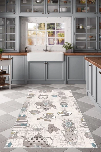 Makinede Yıkanabilir Leke Tutmaz  Krem Dot Keçe Kaymaz Taban Vintage Mutfak Saçaksız Halı LB228  ÇOKLU 200 x 300