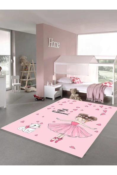 Makinede Yıkanabilir Leke Tutmaz  Pembe Pvc Deri Kaymaz Taban Prenses ve Kedi Kız Çocuk Saçaksız Halı H7213  Pembe 80 x 150