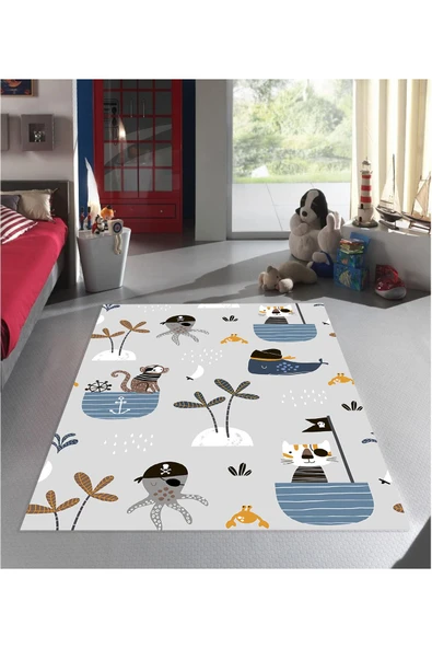 Makinede Yıkanabilir Leke Tutmaz  Gri Pvc Deri Kaymaz Taban Korsan Tema Çocuk Saçaksız Halı H7222  Gri 120 x 180