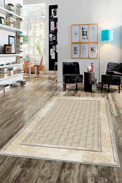 Makinede Yıkanabilir Leke Tutmaz  GOLD Dijital Baskılı Pvc Taban Kaymaz Halı MN152-0  GOLD 120 x 180