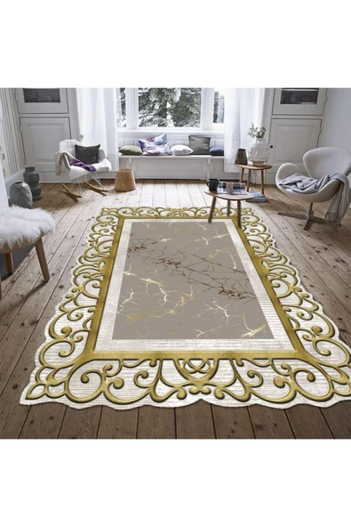 Makinede Yıkanabilir Leke Tutmaz  Gold Pvc Deri Kaymaz Taban Lazer Kesim Salon-Hol Saçaksız Halı L8003-3  GOLD 100 x 140