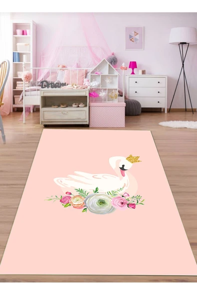 Makinede Yıkanabilir Leke Tutmaz  Pembe Pvc Deri Kaymaz Taban Taçlı Kuğu Kız Çocuk Saçaksız Halı H7206  Pembe 200 x 290