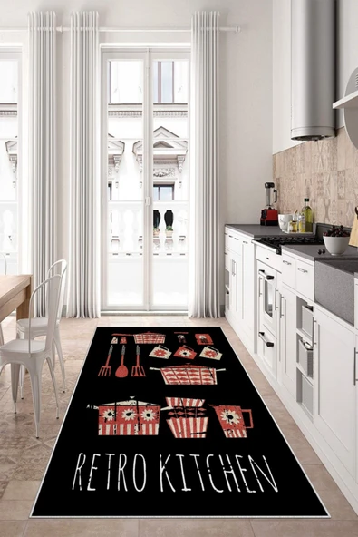 Makinede Yıkanabilir Leke Tutmaz  Siyah Dot Keçe Kaymaz Taban Retro Kıtchen Mutfak Saçaksız Halı LB234  ÇOKLU 100 x 200 - Resim 3