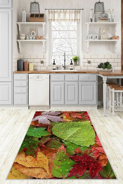 Makinede Yıkanabilir Leke Tutmaz  Multi Pvc Deri Kaymaz Taban Yaprak Mutfak Saçaksız Halı FST0057  ÇOKLU 160 x 230