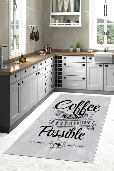 Makinede Yıkanabilir Leke Tutmaz  Gri Dot Keçe Kaymaz Taban Coffe Mutfak Saçaksız Halı LB206  ÇOKLU 80 x 150