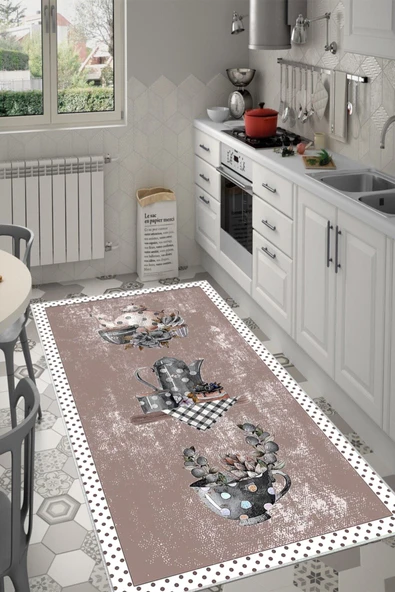 Makinede Yıkanabilir Leke Tutmaz  Pudra Dot Keçe Kaymaz Taban Tasarım Mutfak Saçaksız Halı LB238  ÇOKLU 100 x 300 - Resim 3