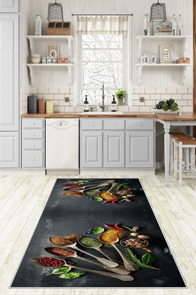 Makinede Yıkanabilir Leke Tutmaz  Siyah Pvc Deri Kaymaz Taban Baharat Tema Mutfak Saçaksız Halı M235  ÇOKLU 120 x 180