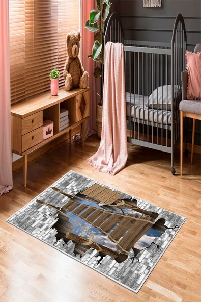 Makinede Yıkanabilir Leke Tutmaz  Multi Pvc Deri Kaymaz Taban Tasarım Çocuk Saçaksız Halı H7049  ÇOKLU 80 x 200