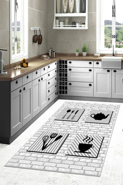 Makinede Yıkanabilir Leke Tutmaz  Gri Dot Keçe Kaymaz Taban Tasarım Mutfak Saçaksız Halı MM355  ÇOKLU 80 x 200