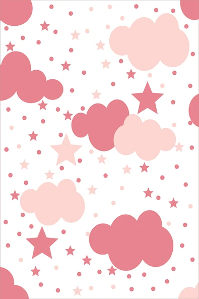 Makinede Yıkanabilir Leke Tutmaz  Beyaz-Pembe Pvc Deri Kaymaz Taban Bulut-Yıldız Çocuk Saçaksız Halı H7071  ÇOKLU 180 x 280 - 2