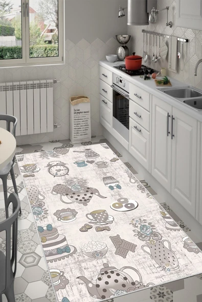 Makinede Yıkanabilir Leke Tutmaz  Krem Dot Keçe Kaymaz Taban Vintage Mutfak Saçaksız Halı LB228  ÇOKLU 180 x 280 - Resim 3
