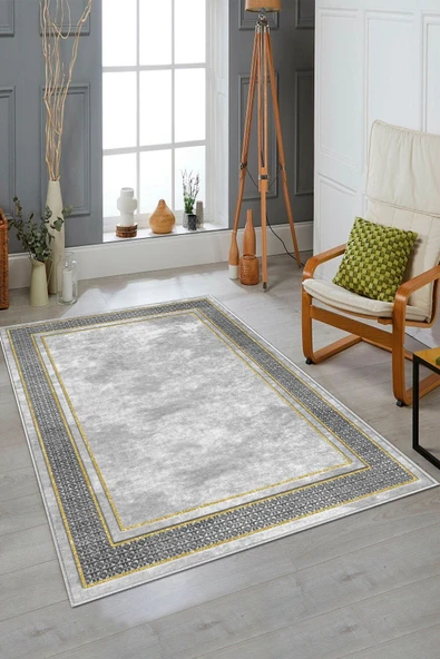 Makinede Yıkanabilir Leke Tutmaz  gri Dijital Baskılı Pvc Taban Kaymaz Halı MN136-4  gri 100 x 300