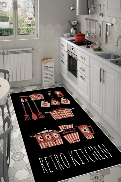 Makinede Yıkanabilir Leke Tutmaz  Siyah Dot Keçe Kaymaz Taban Retro Kıtchen Mutfak Saçaksız Halı LB234  ÇOKLU 100 x 200 - Resim 2