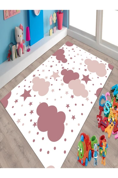 Makinede Yıkanabilir Leke Tutmaz  Beyaz-Pembe Pvc Deri Kaymaz Taban Bulut-Yıldız Çocuk Saçaksız Halı H7071  ÇOKLU 180 x 280 - 3