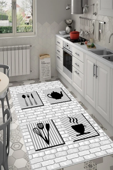 Makinede Yıkanabilir Leke Tutmaz  Gri Dot Keçe Kaymaz Taban Tasarım Mutfak Saçaksız Halı MM355  ÇOKLU 80 x 150 - Resim 4