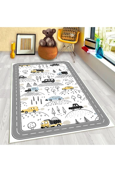 Makinede Yıkanabilir Leke Tutmaz  Beyaz Pvc Deri Kaymaz Taban Araba Çeşitleri Çocuk Saçaksız Halı H7210  BEYAZ 80 x 150