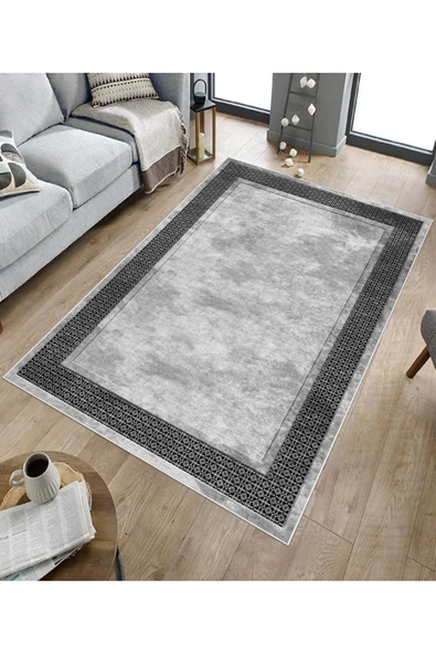 Makinede Yıkanabilir Leke Tutmaz  Gri Pvc Deri Kaymaz Taban Salon-Yolluk Saçaksız Halı B1180  160 x 230 GRİ - 5