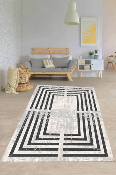 Makinede Yıkanabilir Leke Tutmaz  Gri-Siyah Pvc Deri Kaymaz Taban Çerçeve Salon Saçaksız Halı O1086  gri siyah 200 x 300
