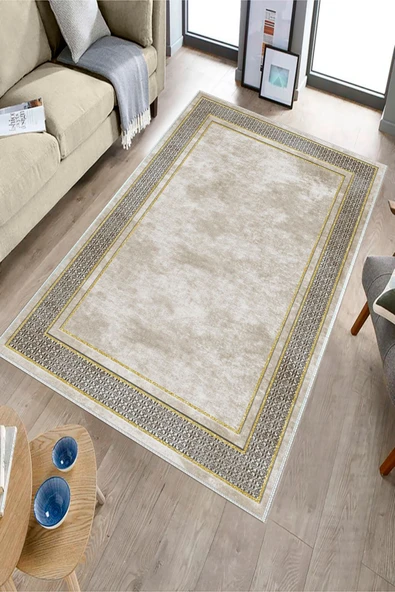Makinede Yıkanabilir Leke Tutmaz  Krem-Gold Pvc Deri Kaymaz Taban Salon-Hol Saçaksız Halı B1181  KREM-GOLD 80 x 150 - 3