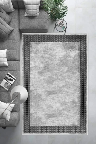 Makinede Yıkanabilir Leke Tutmaz  Gri Pvc Deri Kaymaz Taban Salon-Yolluk Saçaksız Halı B1180  200 x 300 GRİ - 6