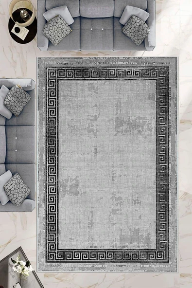Makinede Yıkanabilir Leke Tutmaz  Gri Pvc Deri Kaymaz Taban Vintage Versace Salon Saçaksız Halı B1198  GRİ 180 x 280