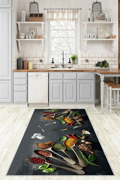 Makinede Yıkanabilir Leke Tutmaz  Multi Pvc Deri Kaymaz Taban Baharat Tema Mutfak Saçaksız Halı O1010  ÇOKLU 100 x 300