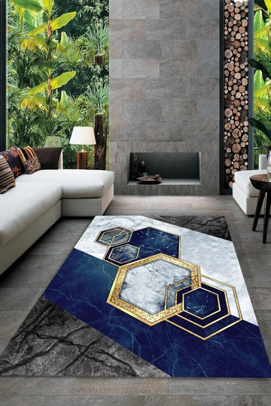 Makinede Yıkanabilir Leke Tutmaz  Mavi-Antrasit Dot Keçe Kaymaz Taban Mavi Özgü Salon Saçaksız Halı O-1093-4  MAVİ-ANTRASİT-GOLD 160 x 230