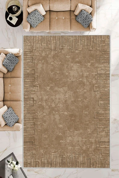 Makinede Yıkanabilir Leke Tutmaz  Kahverengi Pvc Deri Kaymaz Taban Shaggy Salon Saçaksız Halı B1193  KAHVERENGİ 80 x 200