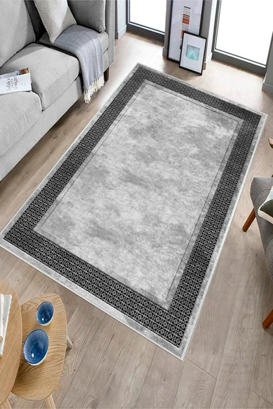 Makinede Yıkanabilir Leke Tutmaz  Gri Pvc Deri Kaymaz Taban Salon-Yolluk Saçaksız Halı B1180  GRİ 80 x 200 - 3