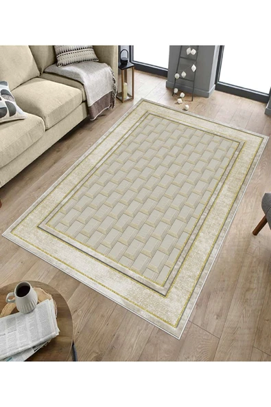 Makinede Yıkanabilir Leke Tutmaz  Krem-Gold Pvc Deri Kaymaz Taban Baklava Desen Salon Saçaksız Halı B1185  KREM-GOLD 80 x 300 - 5