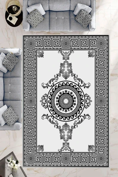 Makinede Yıkanabilir Leke Tutmaz  Beyaz-Siyah Pvc Deri Kaymaz Taban Göbekli Salon Saçaksız Halı B1190  BEYAZ 80 x 150