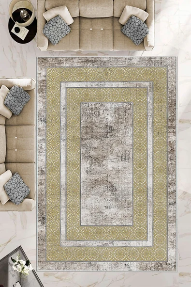 Makinede Yıkanabilir Leke Tutmaz  Gold-Krem Pvc Deri Kaymaz Taban Modern Salon Saçaksız Halı B1177  GOLD-KREM 120 x 180