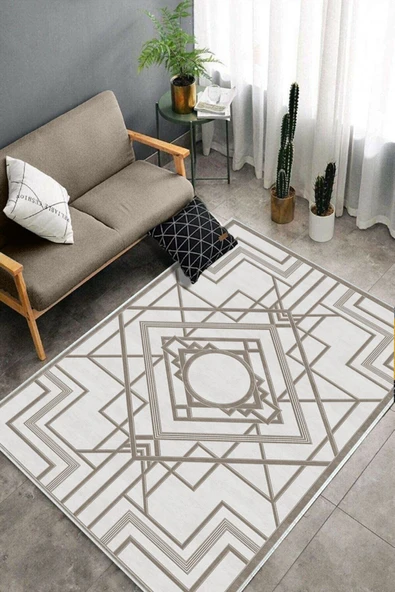 Makinede Yıkanabilir Leke Tutmaz  Vizon Dot Keçe Kaymaz Taban Lobohemart Salon Saçaksız Halı B1202  VİZON 120 x 180 - 4