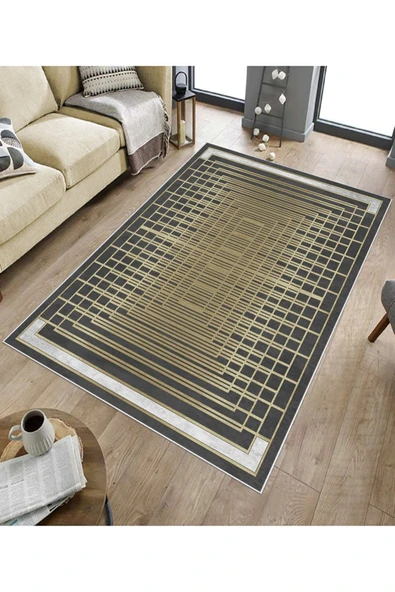 Makinede Yıkanabilir Leke Tutmaz  GOLD-SİYAH Kaymaz Taban Halı B1174  GOLD-SİYAH 160 x 230 - 4