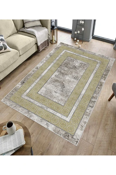 Makinede Yıkanabilir Leke Tutmaz  Gold-Krem Pvc Deri Kaymaz Taban Modern Salon Saçaksız Halı B1177  GOLD-KREM 80 x 300 - 5