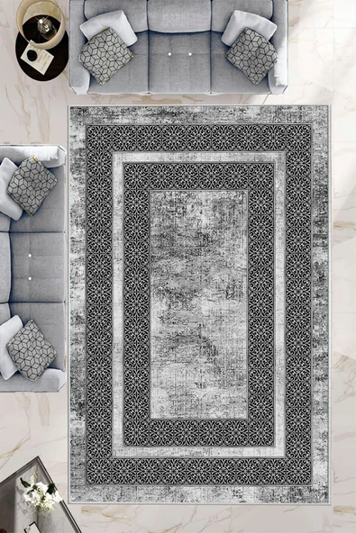 Makinede Yıkanabilir Leke Tutmaz  Gümüş Pvc Deri Kaymaz Taban Modern Salon Saçaksız Halı B1176  GÜMÜŞ 180 x 280