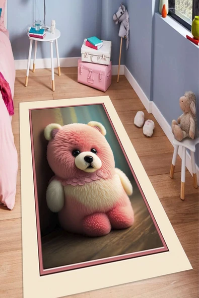 Makinede Yıkanabilir Leke Tutmaz  Pembe-Krem Pvc Deri Kaymaz Taban Pembe Peluş Ayıcık Baskılı Pvc Çocuk Halı O-1789  Pembe-Krem 120 x 180