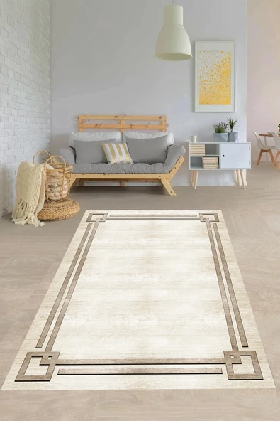 Makinede Yıkanabilir Leke Tutmaz  Vizon Pvc Deri Kaymaz Taban Çerçeve Salon Saçaksız Halı O1188-3  ÇOKLU 160 x 230