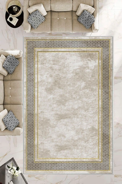 Makinede Yıkanabilir Leke Tutmaz  Krem-Gold Pvc Deri Kaymaz Taban Salon-Hol Saçaksız Halı B1181  KREM-GOLD 200 x 300
