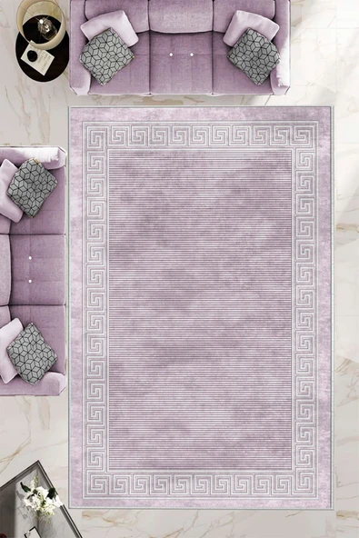 Makinede Yıkanabilir Leke Tutmaz  Lila Pvc Deri Kaymaz Taban Versace Çizgi Salon Saçaksız Halı B1200  LİLA 80 x 200