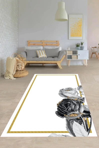 Makinede Yıkanabilir Leke Tutmaz  Beyaz Pvc Deri Kaymaz Taban Gül Salon Saçaksız Halı O1141  ÇOKLU 100 x 300