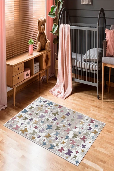 Makinede Yıkanabilir Leke Tutmaz  Multi Pvc Deri Kaymaz Taban Kelebek Vintage Çocuk Halı O-1215  ÇOKLU 120 x 180