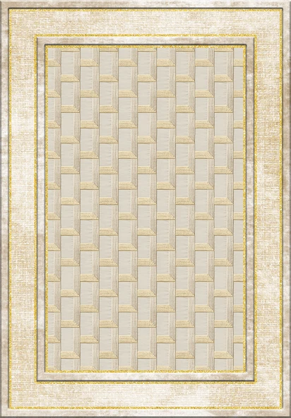 Makinede Yıkanabilir Leke Tutmaz  Krem-Gold Pvc Deri Kaymaz Taban Baklava Desen Salon Saçaksız Halı B1185  KREM-GOLD 80 x 300 - 2
